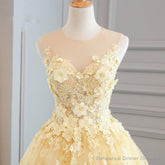 High Quality Lace Yellow Long Party Gown, A-line Evening Dress